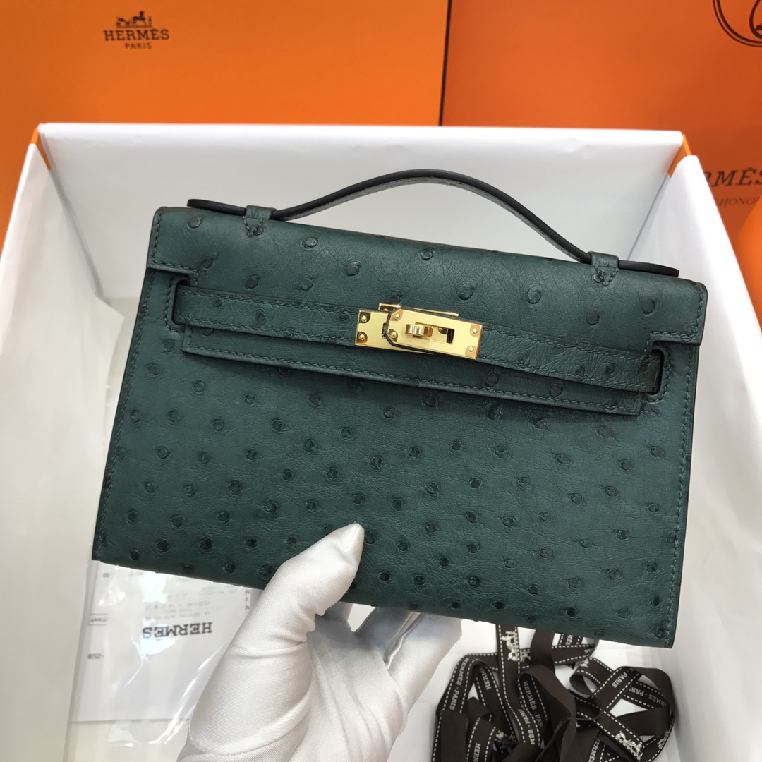 Hermes Mini Kelly Pochette 22cm Bag In Deep Green Ostrich Leather